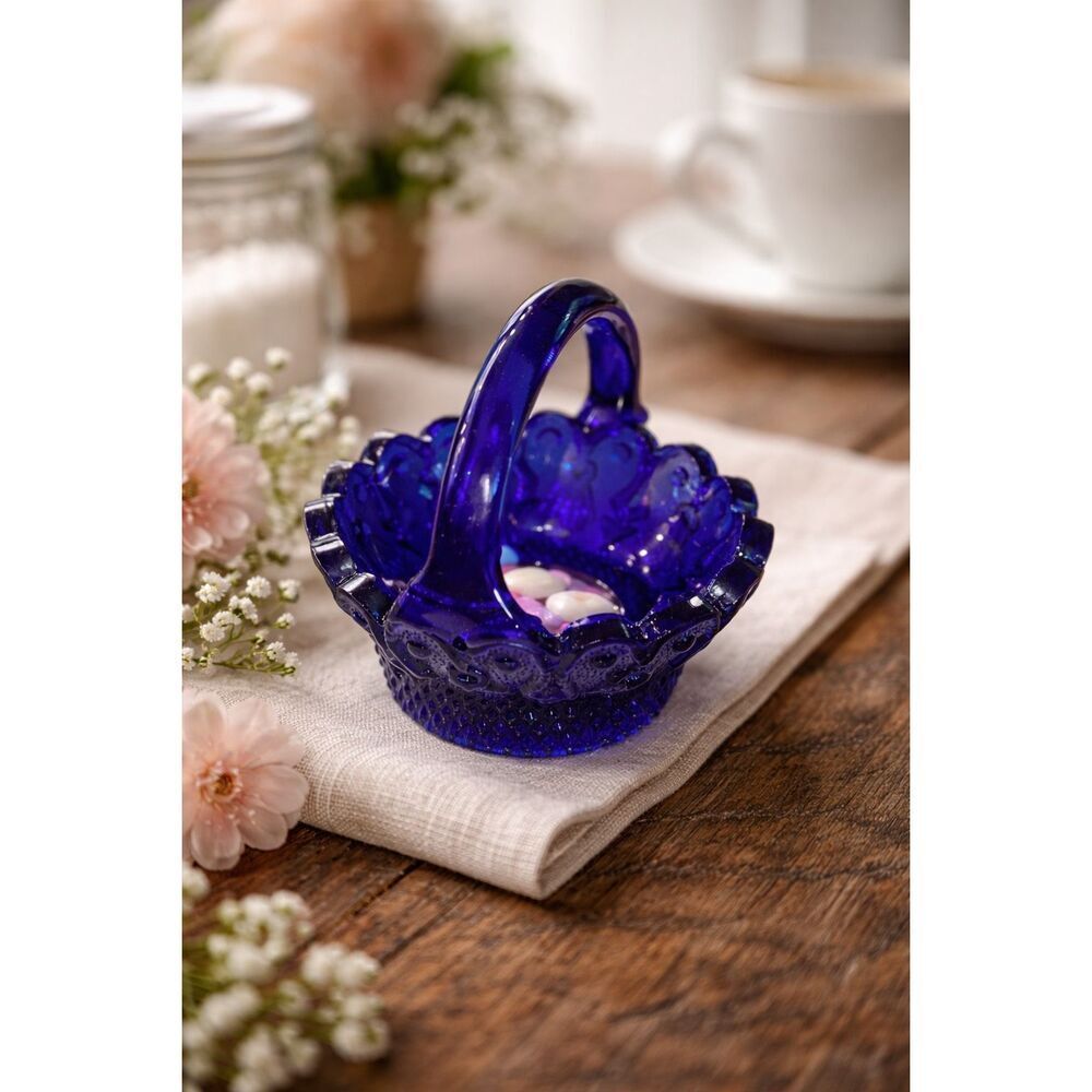Miniature Cobalt Dark Blue Pressed Embossed Glass Basket Depression 3" x 3"